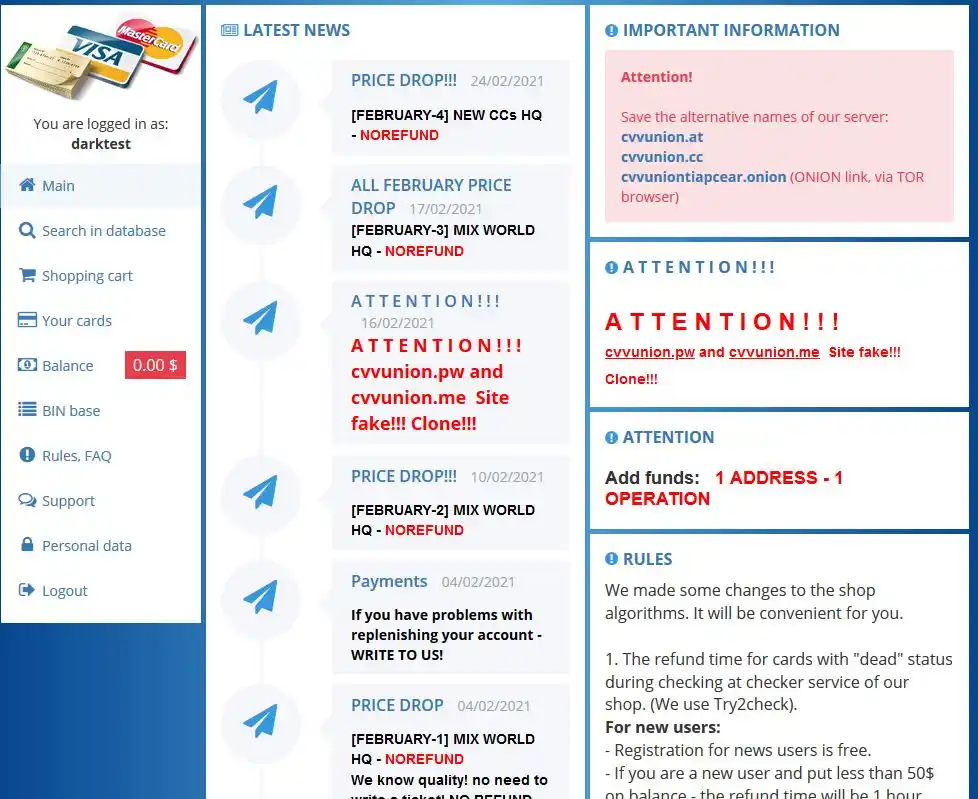 CVV Union - General Darknet Card Shop