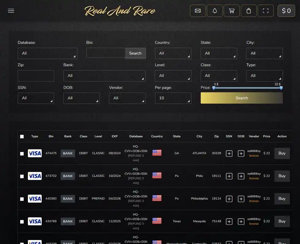 Real and Rare - Darknet card shop and market