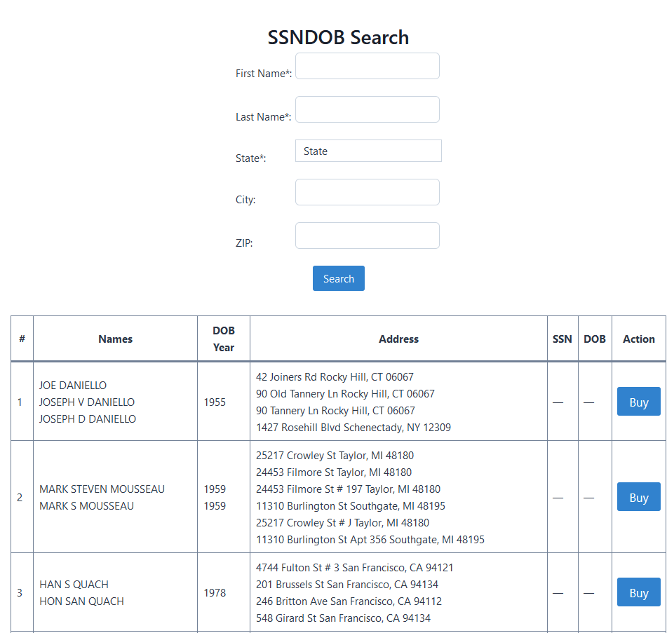 SSNDOB - SSN and DOB lookup service