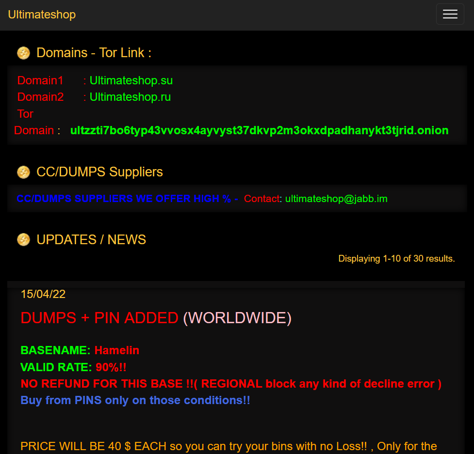 UltimateShop - Darknet Card Shop with special bulk discounts