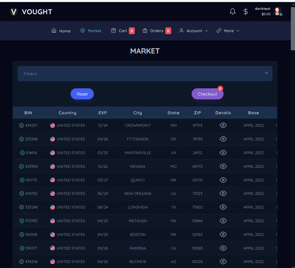 Vaught - Darknet Card Shop supporting multiple crypto coins